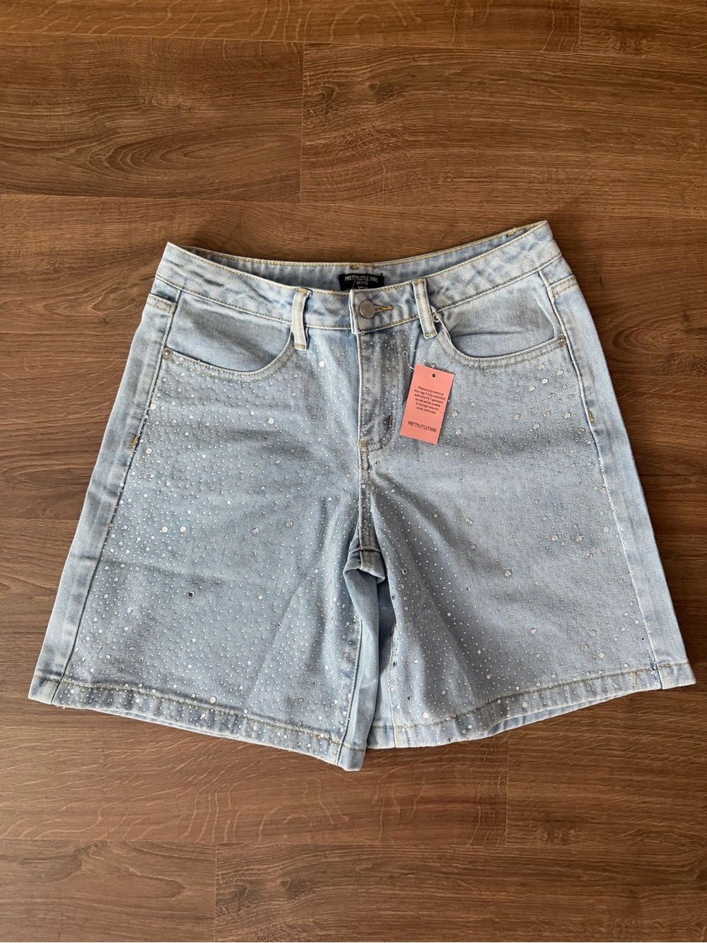 PrettyLittleThing Petite Light Blue Rhinestone Denim Shorts